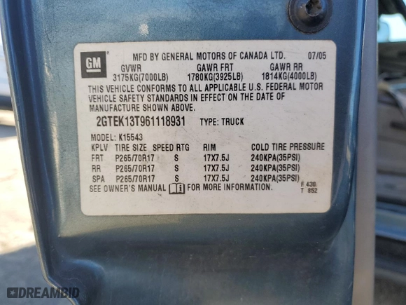2006 GMC Sierra 1500 SLT with VIN 2GTEK13T961118931, listed as a Copart auction lot 44368785 with 0 mi miles and Salvage Title. Bid and sale history available at carsss.com. Image 13.