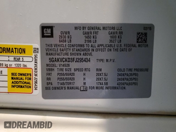 2015 Buick Enclave Premium with VIN 5GAKVCKD3FJ295434, listed as a Copart auction lot 46101505 with 144,208 mi miles and Clean Title. Bid and sale history available at DreamBid. Image 13.