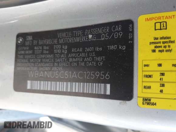 2010 BMW 5 Series 528i with VIN WBANU5C51AC125956, listed as a IAAI auction lot 41845322 with 318,279 mi miles and . Bid and sale history available at carsss.com. Image 9.