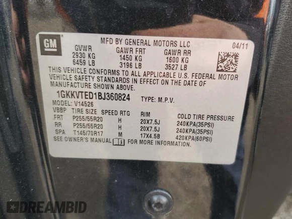 2011 GMC Acadia Denali with VIN 1GKKVTED1BJ360824, listed as a Copart auction lot 49878505 with 109,252 mi miles and Salvage Title. Bid and sale history available at carsss.com. Image 13.