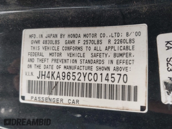 2000 Acura RL with VIN JH4KA9652YC014570, listed as a IAAI auction lot 41832685 with Not Provided miles and . Bid and sale history available at DreamBid. Image 9.
