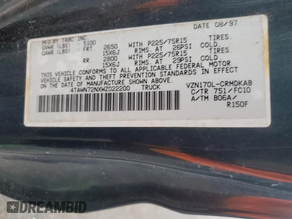 1998 Toyota Tacoma with VIN 4TAWN72NXWZ022200, listed as a Copart auction lot 44613295 with Not Provided miles and Salvage Title. Bid and sale history available at DreamBid. Image 12.
