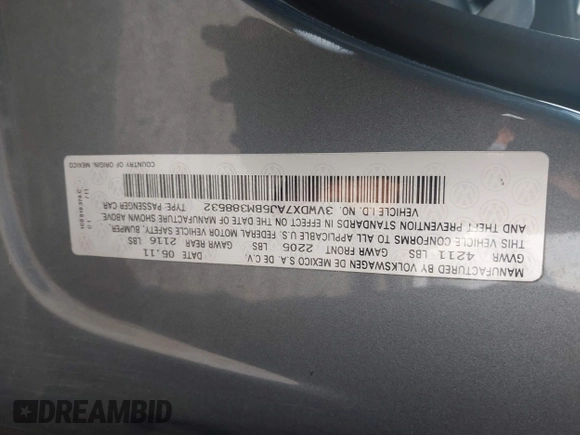 2011 Volkswagen Jetta SE with VIN 3VWDX7AJ5BM388532, listed as a IAAI auction lot 42453112 with 120,170 mi miles and . Bid and sale history available at DreamBid. Image 9.