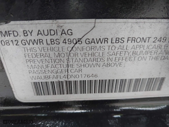 2013 Audi A4 Premium with VIN WAUBFAFL4DN017646, listed as a IAAI auction lot 41732371 with 152,330 mi miles. Bid and sale history available at carsss.com. Image 9.