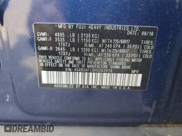 2017 Subaru Outback Premium with VIN 4S4BSAFC8H3263918, listed as a Copart auction lot 65529165 with 94,033 mi miles and Salvage title. Bid and sale history available at DreamBid. Image 13.