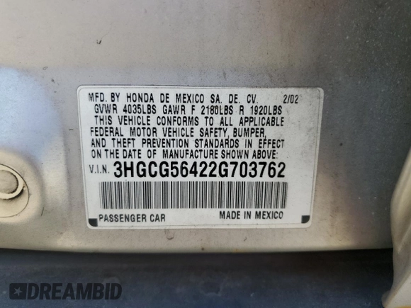 2002 Honda Accord LX z VIN 3HGCG56422G703762, wystawiony jako Copart lot #57268425 z przebiegiem 178 448 mil mil oraz Szkoda całkowita • Salvage title. Historia ofert i sprzedaży dostępna na DreamBid. Obrazek 13.