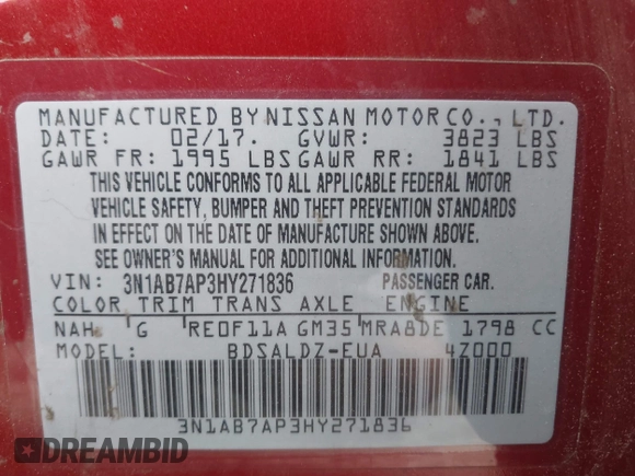 2017 Nissan Sentra S z VIN 3N1AB7AP3HY271836, wystawiony jako IAAI lot #42019396 z przebiegiem 99 824 mil mil oraz . Historia ofert i sprzedaży dostępna na DreamBid. Obrazek 9.