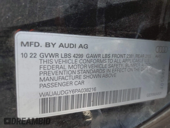 2023 Audi A3 Premium with VIN WAUAUDGY6PA038216, listed as a IAAI auction lot 42030266 with 28,384 mi miles and . Bid and sale history available at DreamBid. Image 9.