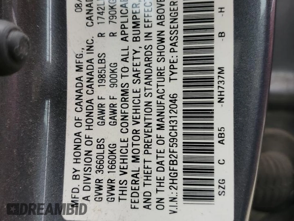 2012 Honda Civic LX z VIN 2HGFB2F59CH312046, wystawiony jako Copart lot #47198965 z przebiegiem 230 415 mil mil oraz Szkoda całkowita • Salvage title. Historia ofert i sprzedaży dostępna na DreamBid. Obrazek 12.