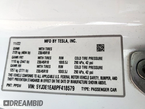 2023 Tesla Model 3 с VIN 5YJ3E1EA8PF418579, выставлен на аукционе Copart как лот 64472165 с пробегом 68 444 миль миль и Списание • Salvage title. История ставок и продаж доступна на DreamBid. Изображение 12.