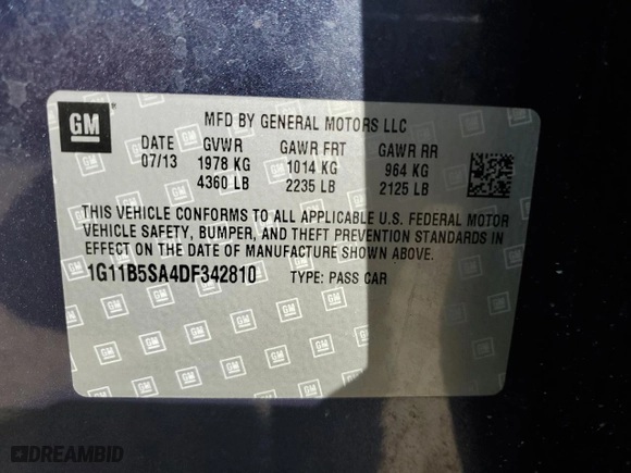 2013 Chevrolet Malibu LS with VIN 1G11B5SA4DF342810, listed as a Copart auction lot 50467885 with 240,003 mi miles and Salvage Title. Bid and sale history available at carsss.com. Image 12.