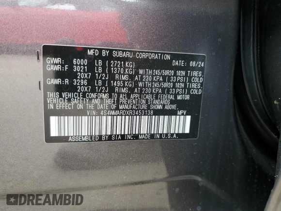 2024 Subaru Ascent Limited z VIN 4S4WMARDXR3453138, wystawiony jako Copart lot #45604625 z przebiegiem 15 549 mil mil oraz Szkoda całkowita • Salvage title. Historia ofert i sprzedaży dostępna na DreamBid. Obrazek 13.
