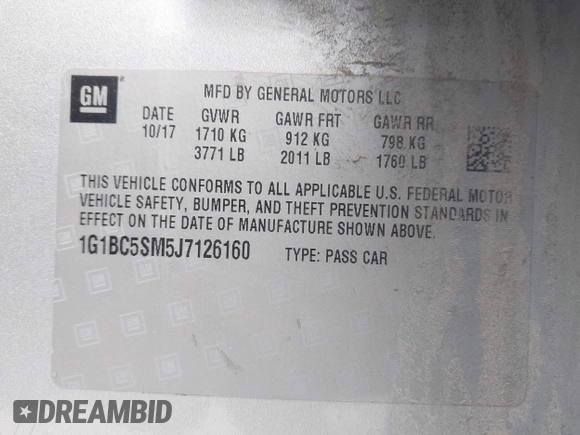 2018 Chevrolet Cruze LS with VIN 1G1BC5SM5J7126160, listed as a IAAI auction lot 42061395 with 145,098 mi miles and . Bid and sale history available at DreamBid. Image 9.