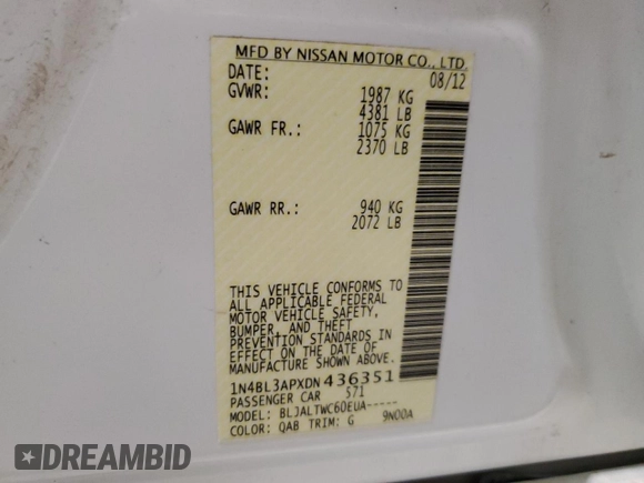 2013 Nissan Altima SV with VIN 1N4BL3APXDN436351, listed as a Copart auction lot 51750685 with 142,028 mi miles and Salvage Title. Bid and sale history available at DreamBid. Image 12.