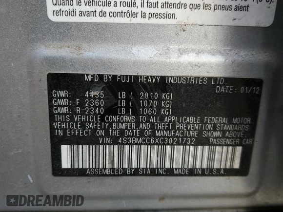 2012 Subaru Legacy 2.5i Premium with VIN 4S3BMCC6XC3021732, listed as a Copart auction lot 46327675 with 62,508 mi miles and Salvage Title. Bid and sale history available at carsss.com. Image 14.