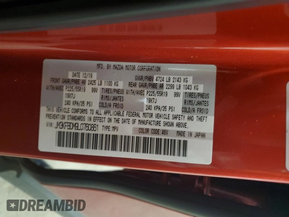 2020 Mazda CX-5 Grand Touring with VIN JM3KFBDM9L0760861, listed as a Copart auction lot 60977275 with 58,608 mi miles and Salvage title. Bid and sale history available at DreamBid. Image 13.