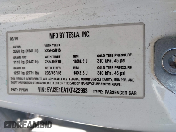 2019 Tesla Model 3 Mid Range with VIN 5YJ3E1EA1KF422983, listed as a IAAI auction lot 41861334 with 53,017 mi miles. Bid and sale history available at carsss.com. Image 9.