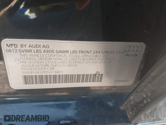 2013 Audi A4 Premium Plus z VIN WAUFFAFL4DN018801, wystawiony jako IAAI lot #42390841 z przebiegiem 151 010 mil mil oraz . Historia ofert i sprzedaży dostępna na DreamBid. Obrazek 9.