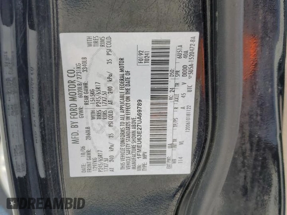 2007 Ford Explorer XLT with VIN 1FMEU63E27UA69789, listed as a Copart auction lot 54572795 with 203,686 mi miles and Salvage title. Bid and sale history available at DreamBid. Image 14.
