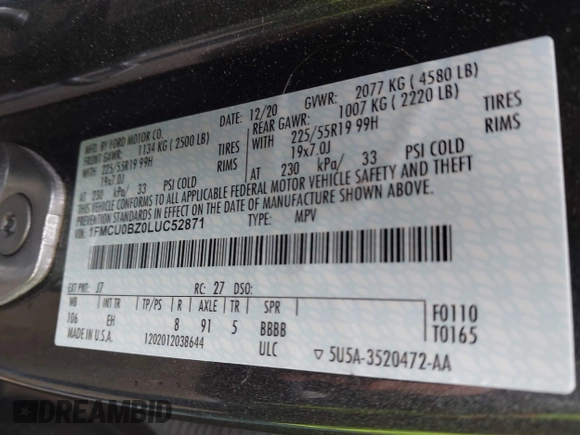 2020 Ford Escape SE Sport Hybrid with VIN 1FMCU0BZ0LUC52871, listed as a IAAI auction lot 42225741 with Not provided miles and . Bid and sale history available at DreamBid. Image 9.