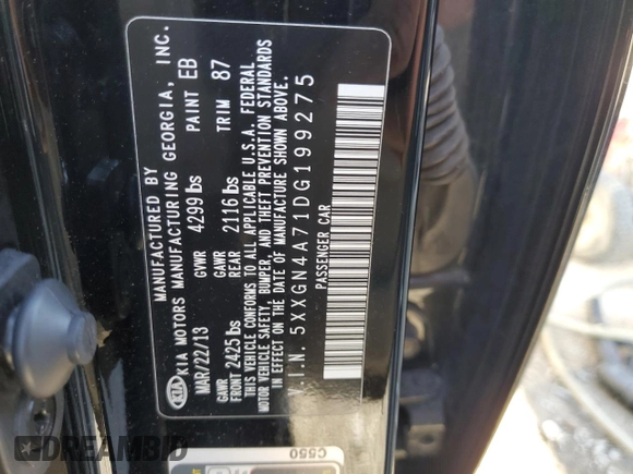 2013 Kia Optima EX with VIN 5XXGN4A71DG199275, listed as a Copart auction lot 49987545 with 147,769 mi miles and Salvage Title. Bid and sale history available at carsss.com. Image 12.