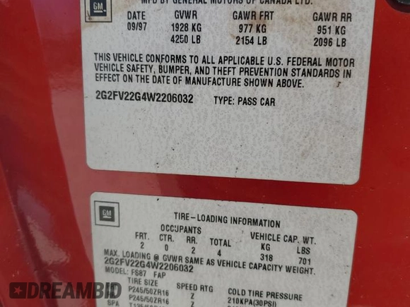 1998 Pontiac Firebird Formula z VIN 2G2FV22G4W2206032, wystawiony jako Copart lot #74949124 z przebiegiem 230 520 mil mil oraz Szkoda całkowita • Salvage title. Historia ofert i sprzedaży dostępna na DreamBid. Obrazek 12.