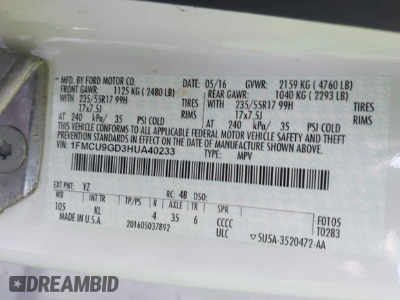 2017 Ford Escape SE with VIN 1FMCU9GD3HUA40233, listed as a IAAI auction lot 42126271 with 284,937 mi miles. Bid and sale history available at carsss.com. Image 9.