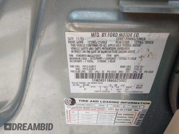 2006 Ford Freestyle SE with VIN 1FMDK01186GA25002, listed as a IAAI auction lot 42553234 with 276,276 mi miles and . Bid and sale history available at DreamBid. Image 9.