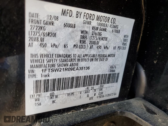 2009 Ford F-250 XL with VIN 1FTSW21R09EA35136, listed as a Copart auction lot 53234565 with 243,527 mi miles and Salvage title. Bid and sale history available at DreamBid. Image 14.