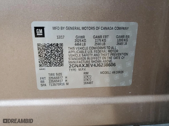2018 Chevrolet Equinox LT with VIN 2GNAXJEV4J6238606, listed as a Copart auction lot 82956243 with 64,162 mi miles and Salvage Title. Bid and sale history available at carsss.com. Image 15.