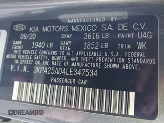 2020 Kia Rio S with VIN 3KPA25AD4LE347534, listed as a IAAI auction lot 41237688 with 68,395 mi miles and . Bid and sale history available at DreamBid. Image 9.