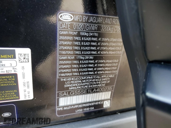 2020 Land Rover Range Rover with VIN SALGS5SE1LA400235, listed as a Copart auction lot 54454995 with 58,884 mi miles and Salvage title. Bid and sale history available at DreamBid. Image 13.