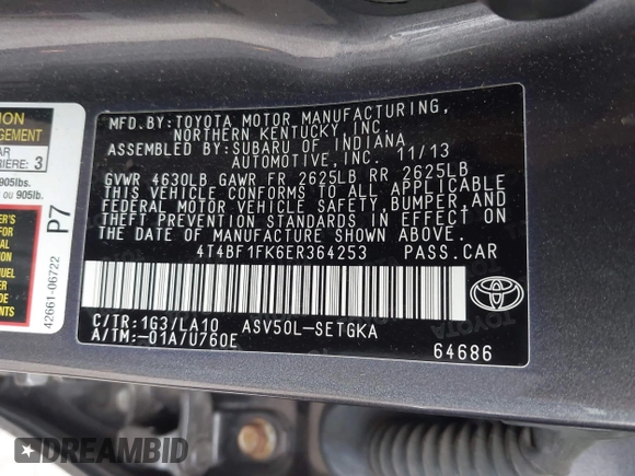 2014 Toyota Camry L with VIN 4T4BF1FK6ER364253, listed as a IAAI auction lot 42011773 with 87,051 mi miles. Bid and sale history available at carsss.com. Image 9.