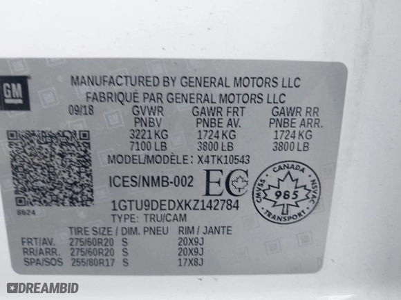 2019 GMC Sierra 1500 SLT with VIN 1GTU9DEDXKZ142784, listed as a IAAI auction lot 41405713 with 85,414 mi miles. Bid and sale history available at carsss.com. Image 9.