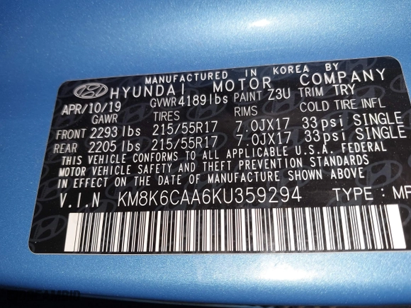 2019 Hyundai Kona SEL with VIN KM8K6CAA6KU359294, listed as a IAAI auction lot 41176192 with 52,208 mi miles. Bid and sale history available at carsss.com. Image 9.