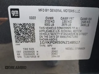 2022 Cadillac XT6 Premium Luxury with VIN 1GYKPDRS0NZ148517, listed as a IAAI auction lot 41575367 with 46,119 mi miles. Bid and sale history available at carsss.com. Image 9.