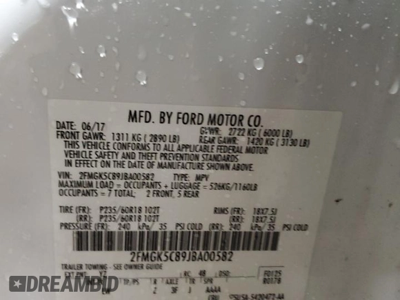 2018 Ford Flex SEL with VIN 2FMGK5C89JBA00582, listed as a Copart auction lot 85352234 with 80,296 mi miles and Clean Title. Bid and sale history available at carsss.com. Image 14.