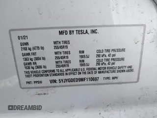 2021 Tesla Model Y Standard Range with VIN 5YJYGDED9MF110697, listed as a IAAI auction lot 41707730 with Not Provided miles and . Bid and sale history available at carsss.com. Image 9.