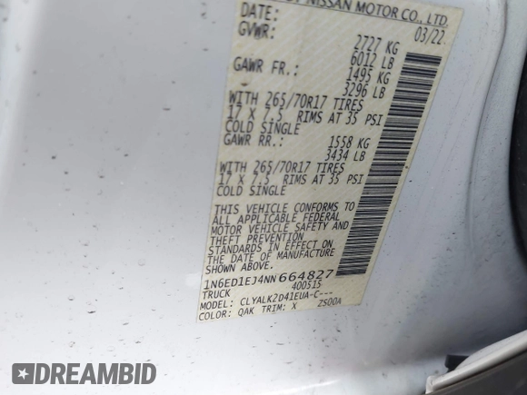 2022 Nissan Frontier SV with VIN 1N6ED1EJ4NN664827, listed as a IAAI auction lot 41482273 with 29,067 mi miles and . Bid and sale history available at DreamBid. Image 9.