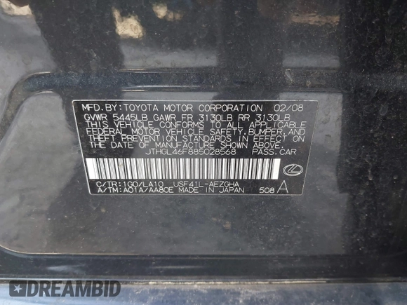 2008 Lexus LS LWB with VIN JTHGL46F885028568, listed as a IAAI auction lot 41615838 with 225,793 mi miles. Bid and sale history available at carsss.com. Image 9.