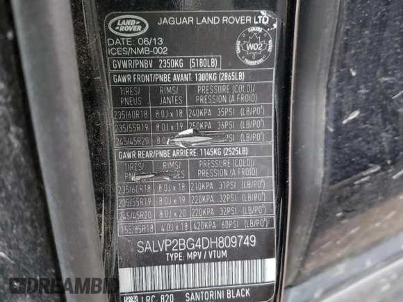 2013 Land Rover Range Rover Evoque Pure Plus with VIN SALVP2BG4DH809749, listed as a Copart auction lot 49448905 with 125,444 mi miles and Clean Title. Bid and sale history available at carsss.com. Image 14.