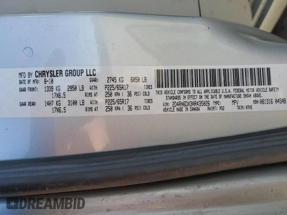 2010 Dodge Grand Caravan Crew with VIN 2D4RN6DX3AR435026, listed as a Copart auction lot 48490085 with 179,114 mi miles and Salvage Title. Bid and sale history available at DreamBid. Image 14.