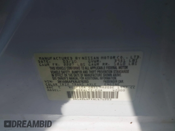 2010 Nissan Sentra S with VIN 3N1AB6APXAL676203, listed as a IAAI auction lot 41175119 with 144,709 mi miles and . Bid and sale history available at DreamBid. Image 9.