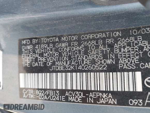 2004 Toyota Camry LE z VIN JTDBE32K140260522, wystawiony jako IAAI lot #42476400 z przebiegiem 152 466 mil mil oraz . Historia ofert i sprzedaży dostępna na DreamBid. Obrazek 9.