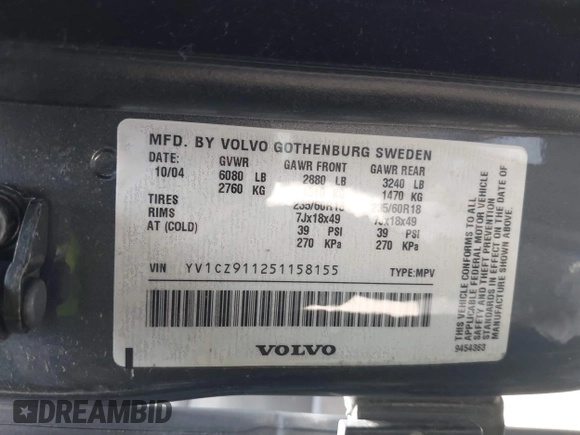 2005 Volvo XC90 with VIN YV1CZ911251158155, listed as a IAAI auction lot 41742209 with 270,995 mi miles and . Bid and sale history available at DreamBid. Image 9.