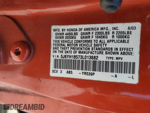 2003 Honda Element EX with VIN 5J6YH18573L013682, listed as a Copart auction lot 44502875 with 368,822 mi miles and Salvage Title. Bid and sale history available at DreamBid. Image 14.