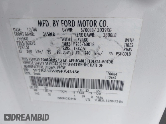2009 Ford F-150 STX with VIN 1FTRX12W09FA43158, listed as a IAAI auction lot 42098129 with Not Provided miles and . Bid and sale history available at DreamBid. Image 9.