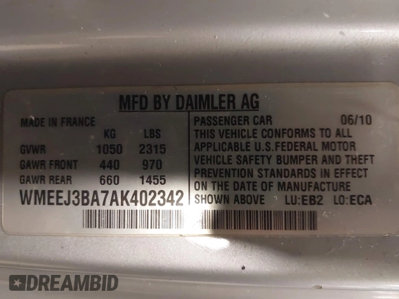2010 Smart fortwo Pure with VIN WMEEJ3BA7AK402342, listed as a IAAI auction lot 42417829 with 38,225 mi miles and . Bid and sale history available at DreamBid. Image 9.