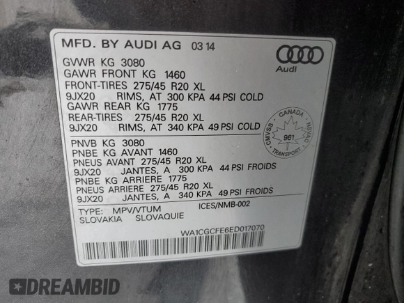 2014 Audi Q7 3.0L with VIN WA1CGCFE6ED017070, listed as a Copart auction lot 86173654 with 199,811 mi miles and Salvage Title. Bid and sale history available at carsss.com. Image 13.