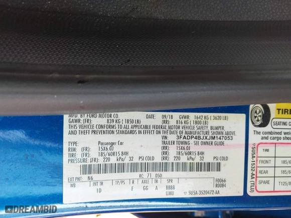 2018 Ford Fiesta SE with VIN 3FADP4BJXJM147053, listed as a IAAI auction lot 41711407 with 69,227 mi miles. Bid and sale history available at carsss.com. Image 9.